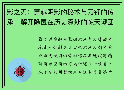 影之刃：穿越阴影的秘术与刀锋的传承，解开隐匿在历史深处的惊天谜团